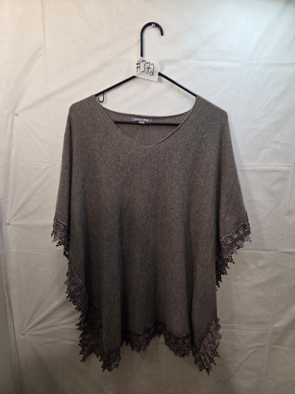 Roz & Ali Taupe Lace-Trim V-Neck Knit Poncho